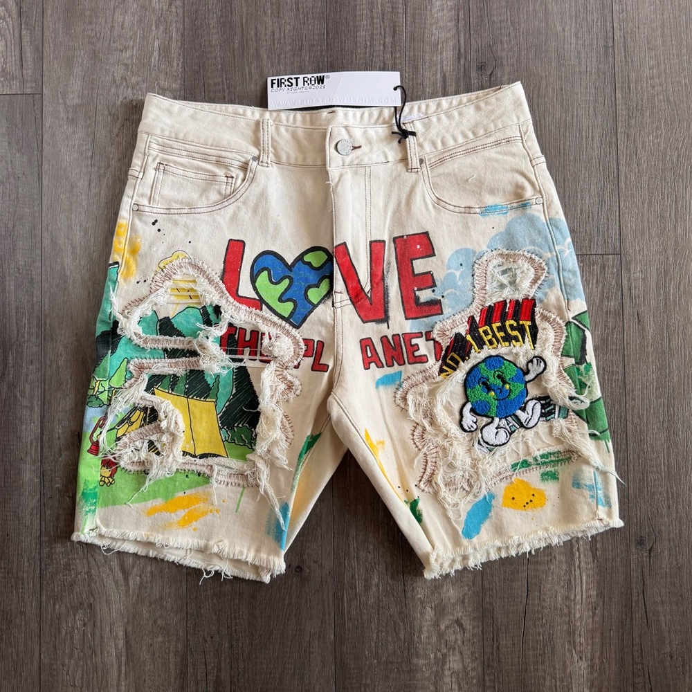 First Row Painted Denim Shorts – Graphic Streetwear Style